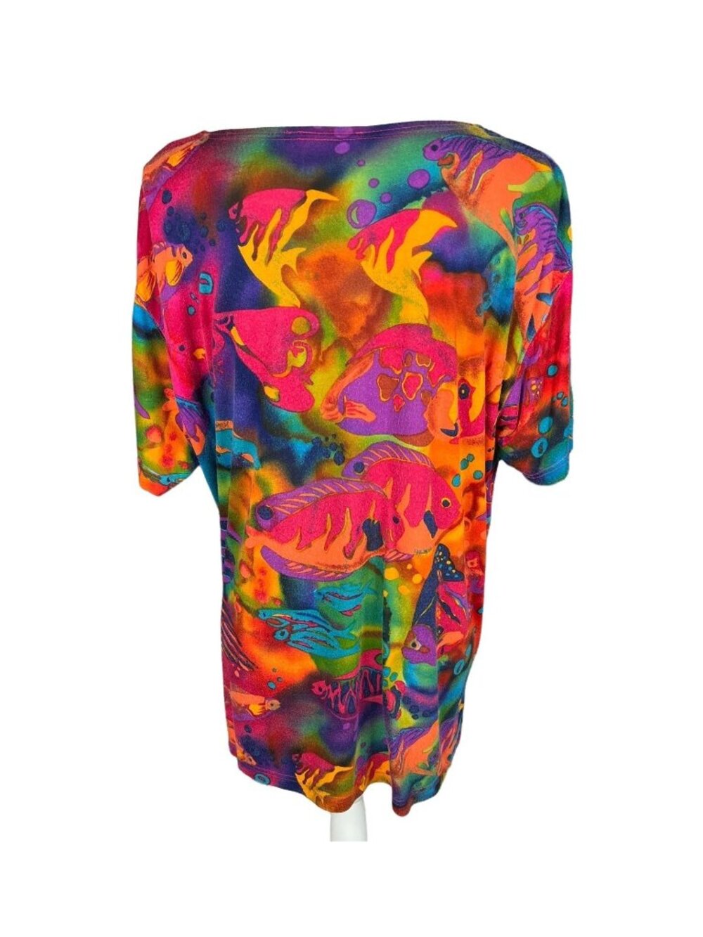 Vintage Carole Little Sport Petites Rainbow Fish Print Rayon Blend Top L - Picture 3 of 5